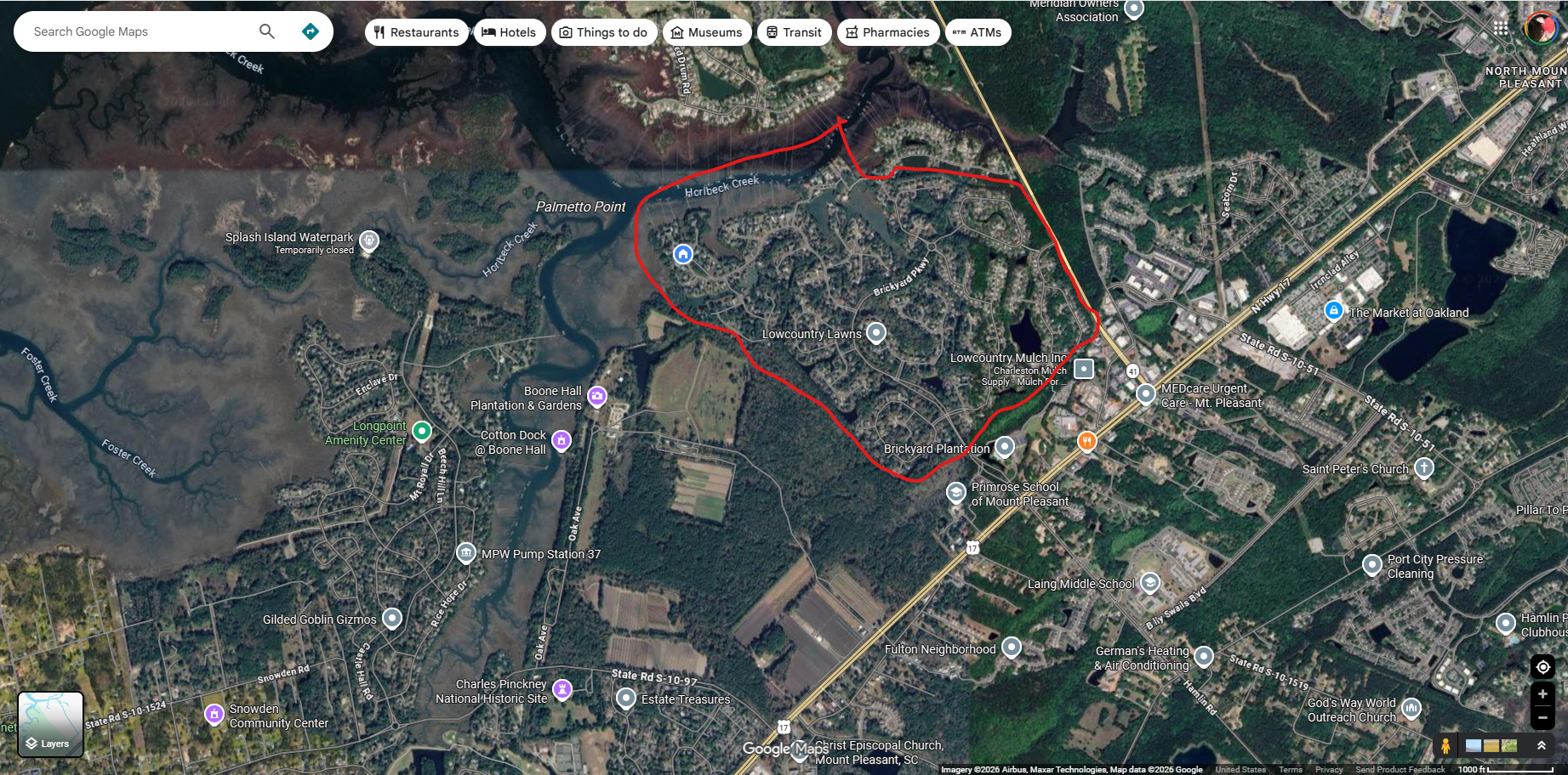 Map overlay showing the Brickyard Plantation neighborhood boundary in Mount Pleasant, South Carolina